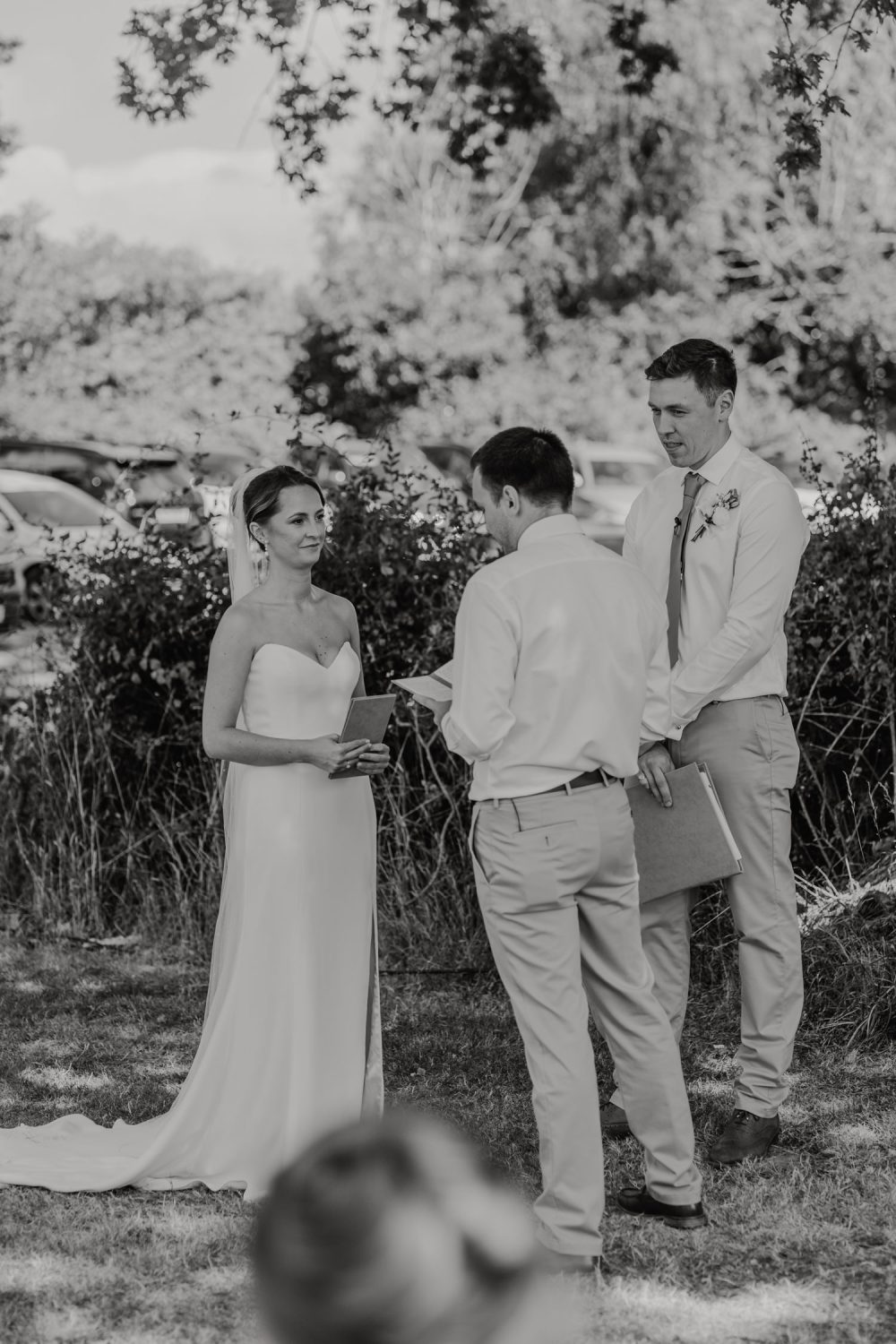 black and white photo of vineyard wedding ceremony at English Oak Vineyard