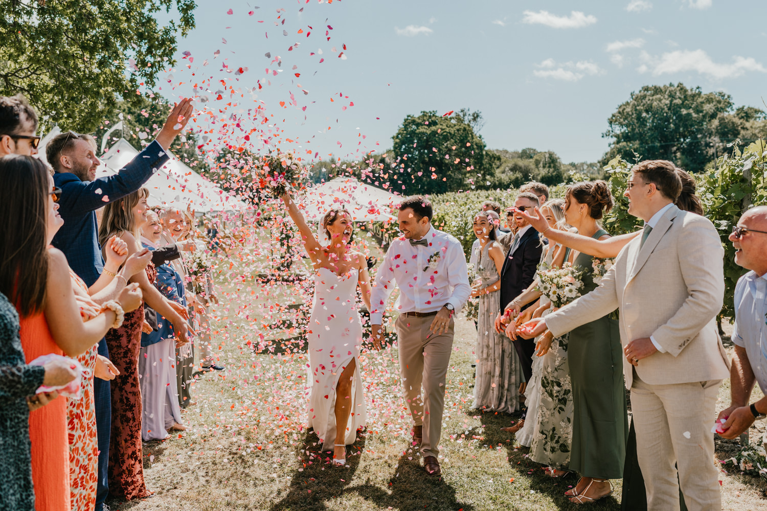 bride and groom walk through confetti tunnel at vineyard wedding ceremony at English Oak Vineyard