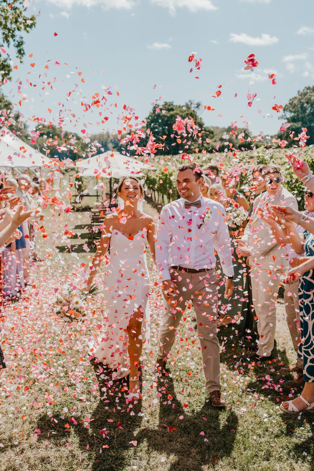 bride and groom walk through pink confetti tunnel at vineyard wedding ceremony at English Oak Vineyard