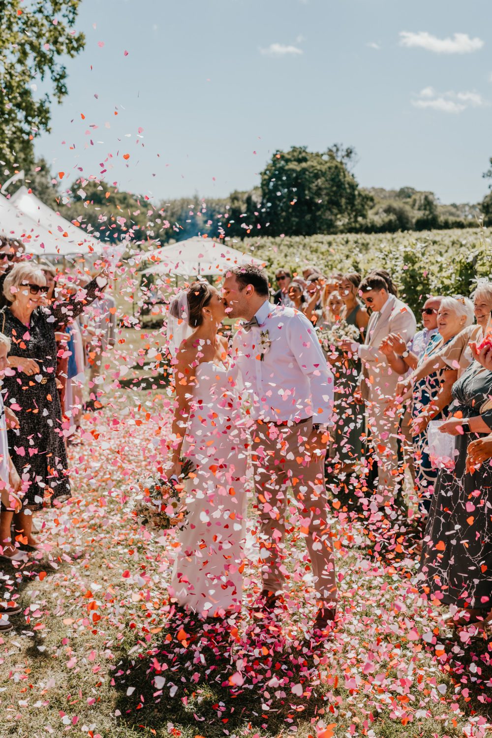 bride and groom kiss in pink confetti tunnel at vineyard wedding ceremony at English Oak Vineyard