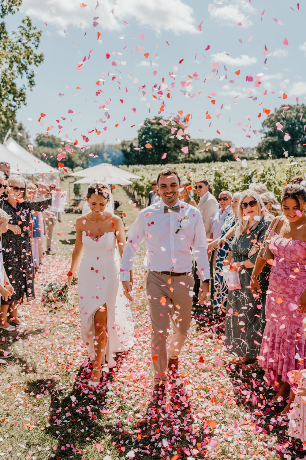 bride and groom walk through pink confetti tunnel at vineyard wedding ceremony at English Oak Vineyard