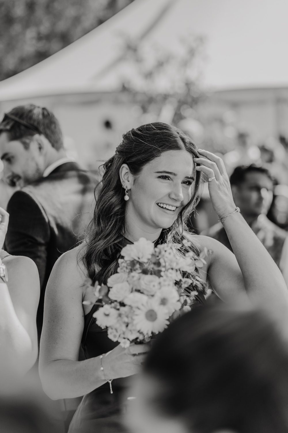 black and white guest candids during drinks reception at English Oak Vineyard