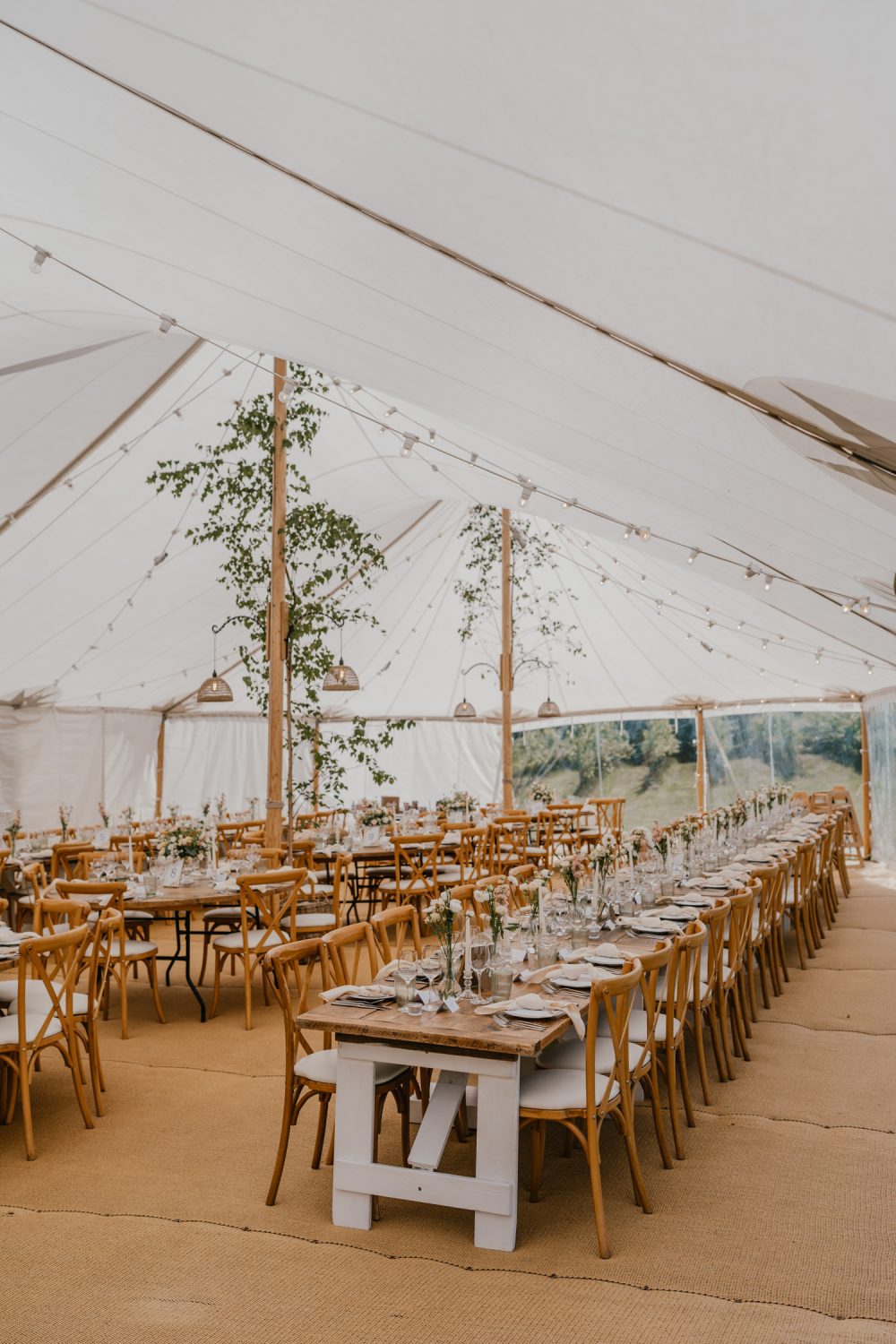marquee wedding breakfast setup at English Oak Vineyard wedding in dorset