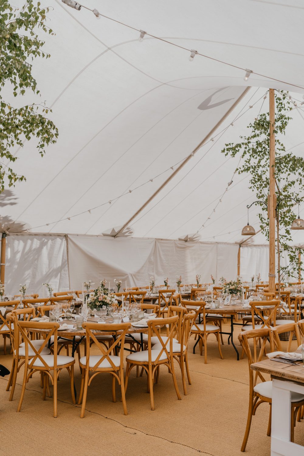 marquee wedding breakfast setup at English Oak Vineyard wedding in dorset