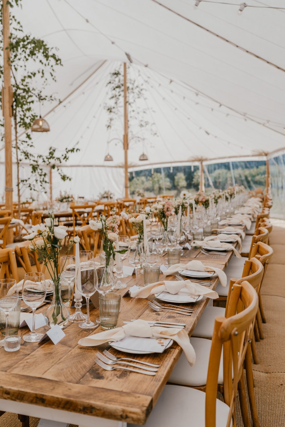 marquee wedding breakfast setup at English Oak Vineyard wedding in dorset