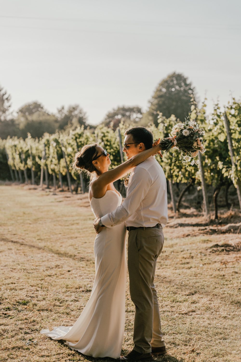 golden hour couple portraits at English Oak Vineyard wedding in dorset