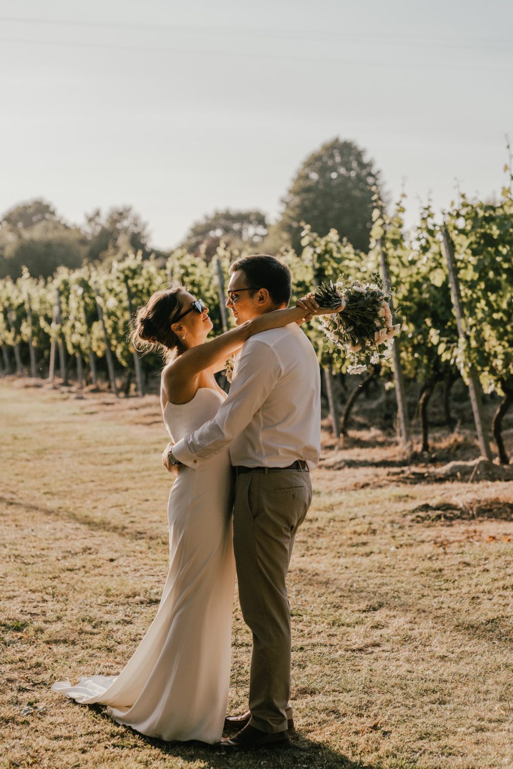 golden hour couple portraits at English Oak Vineyard wedding in dorset