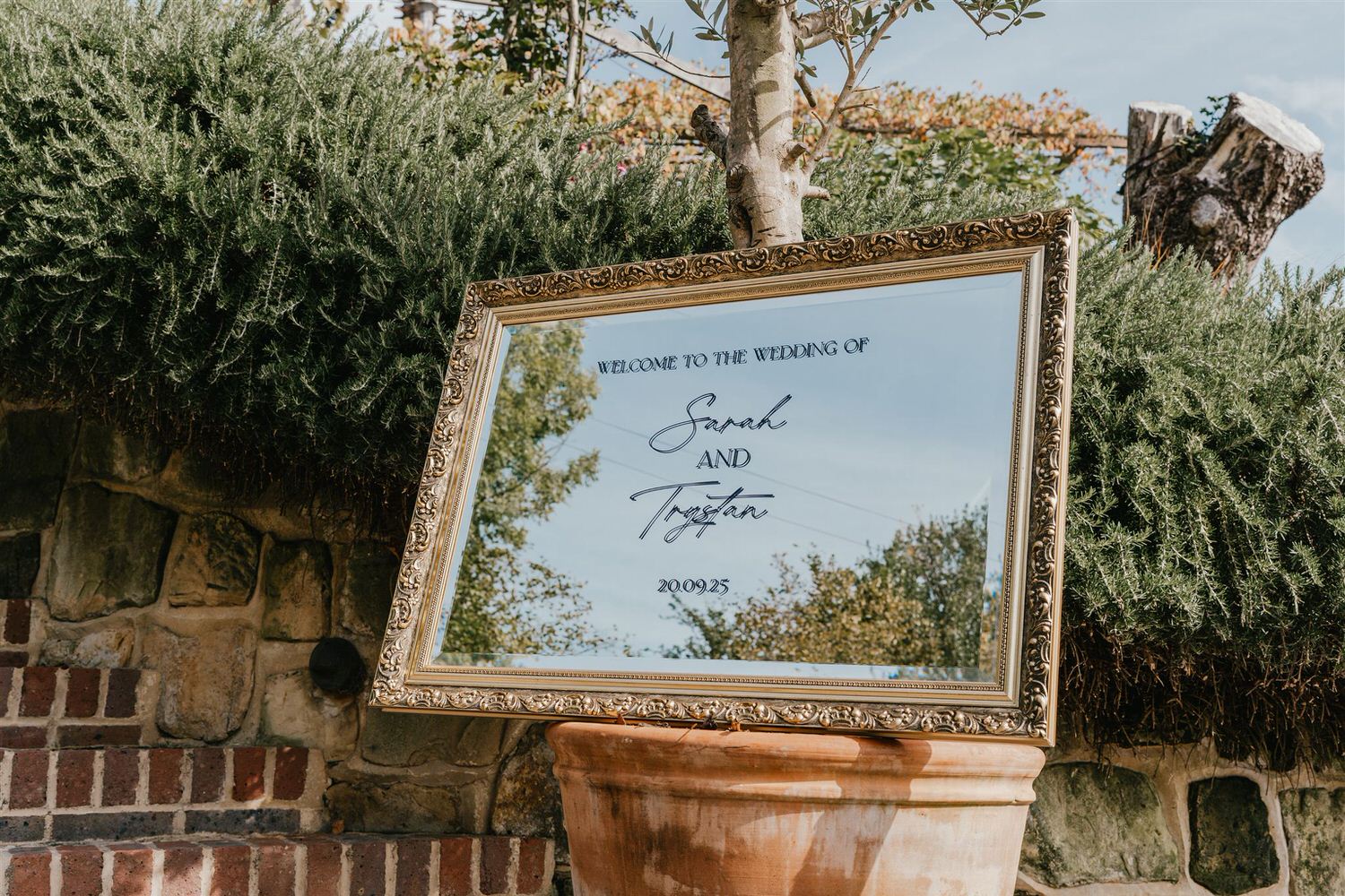 mirror welcome sign at the beacon tunbridge wells wedding