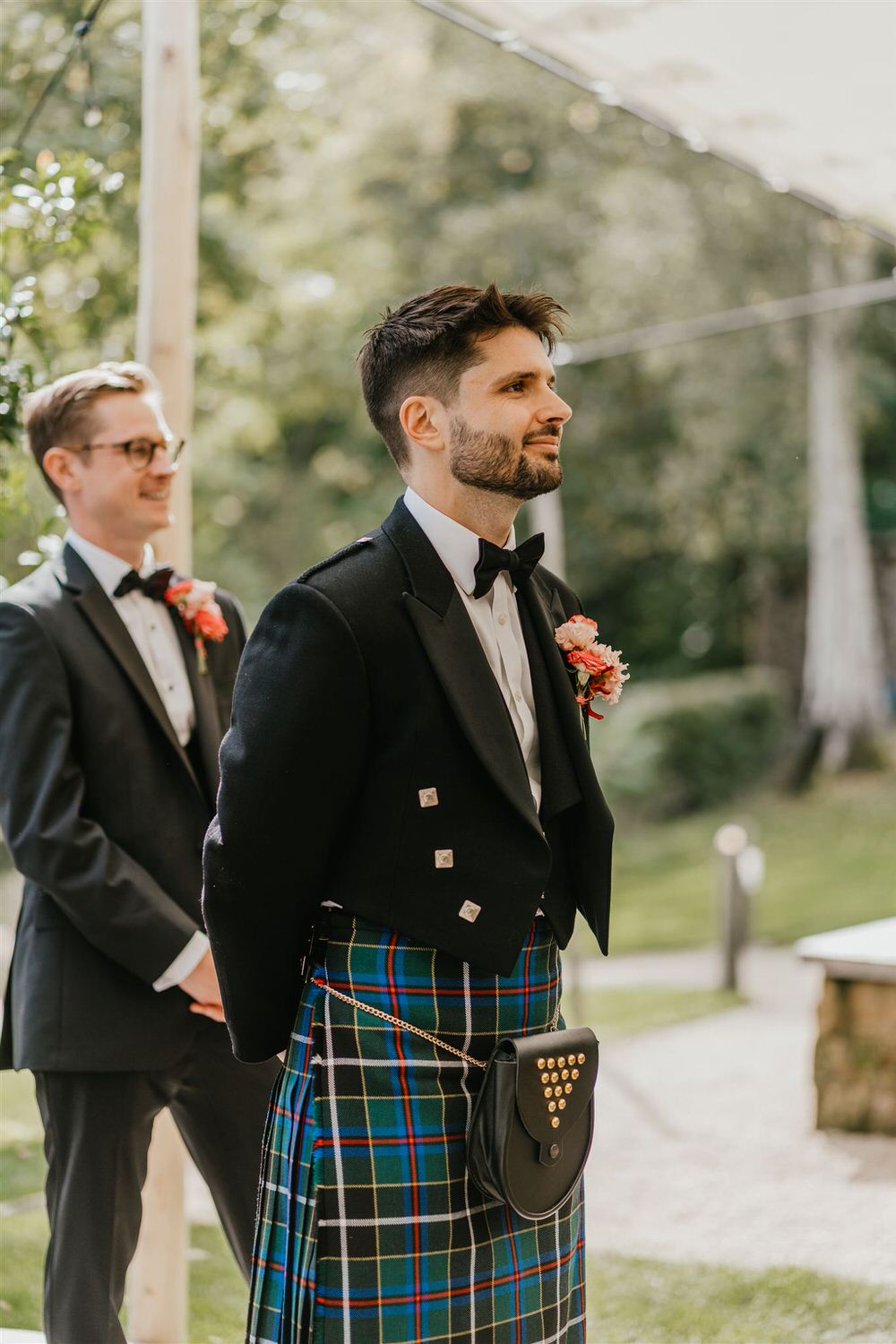 groom looks at bride coming down the aisle at the beacon tunbridge wells wedding ceremony