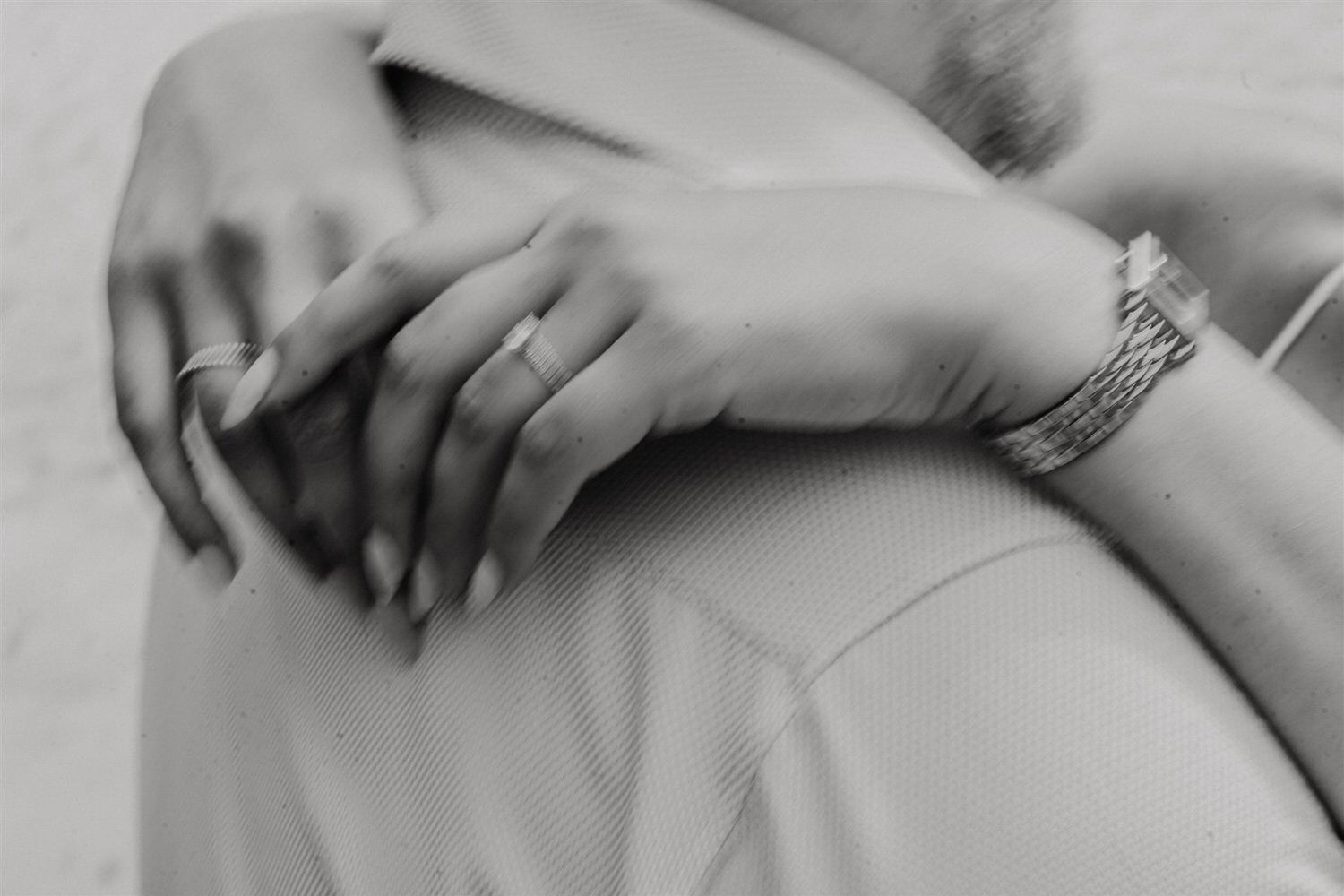black and white engagement ring detail on sugar beach in saint lucia destination photography