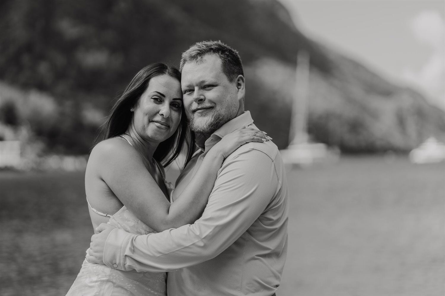 black and white photo of couple embracing on sugar beach in saint lucia destination photography
