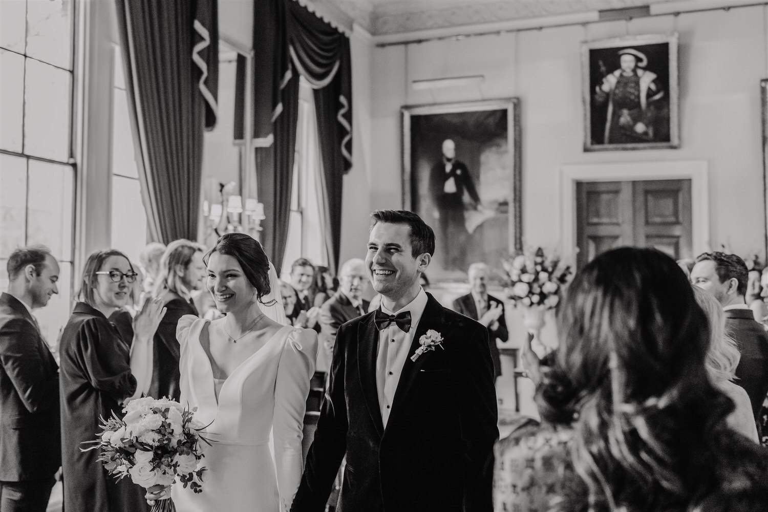 black and white photo of bride and groom at trinity house winter wedding in london