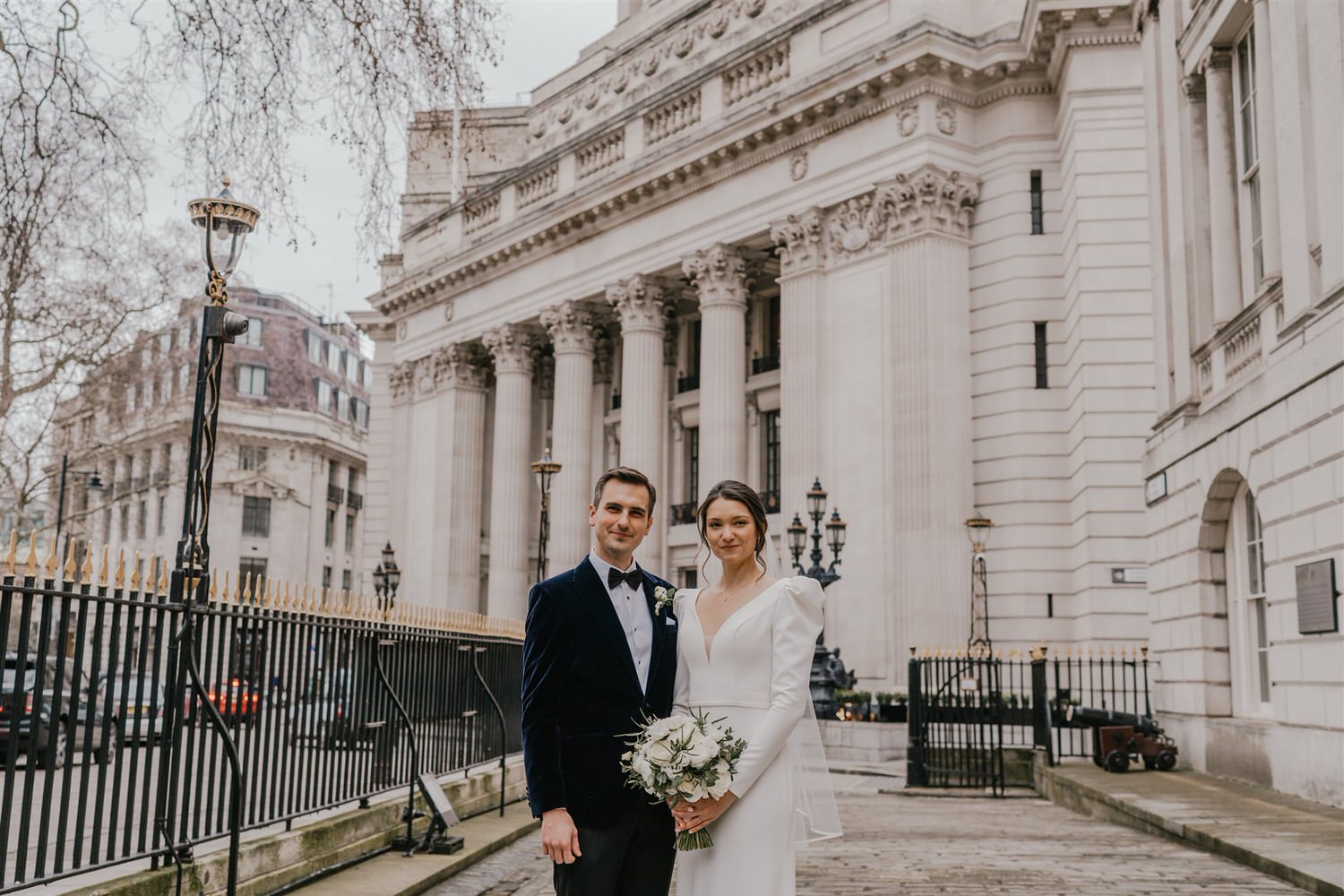 bride and groom couple portraits outside trinity house in london