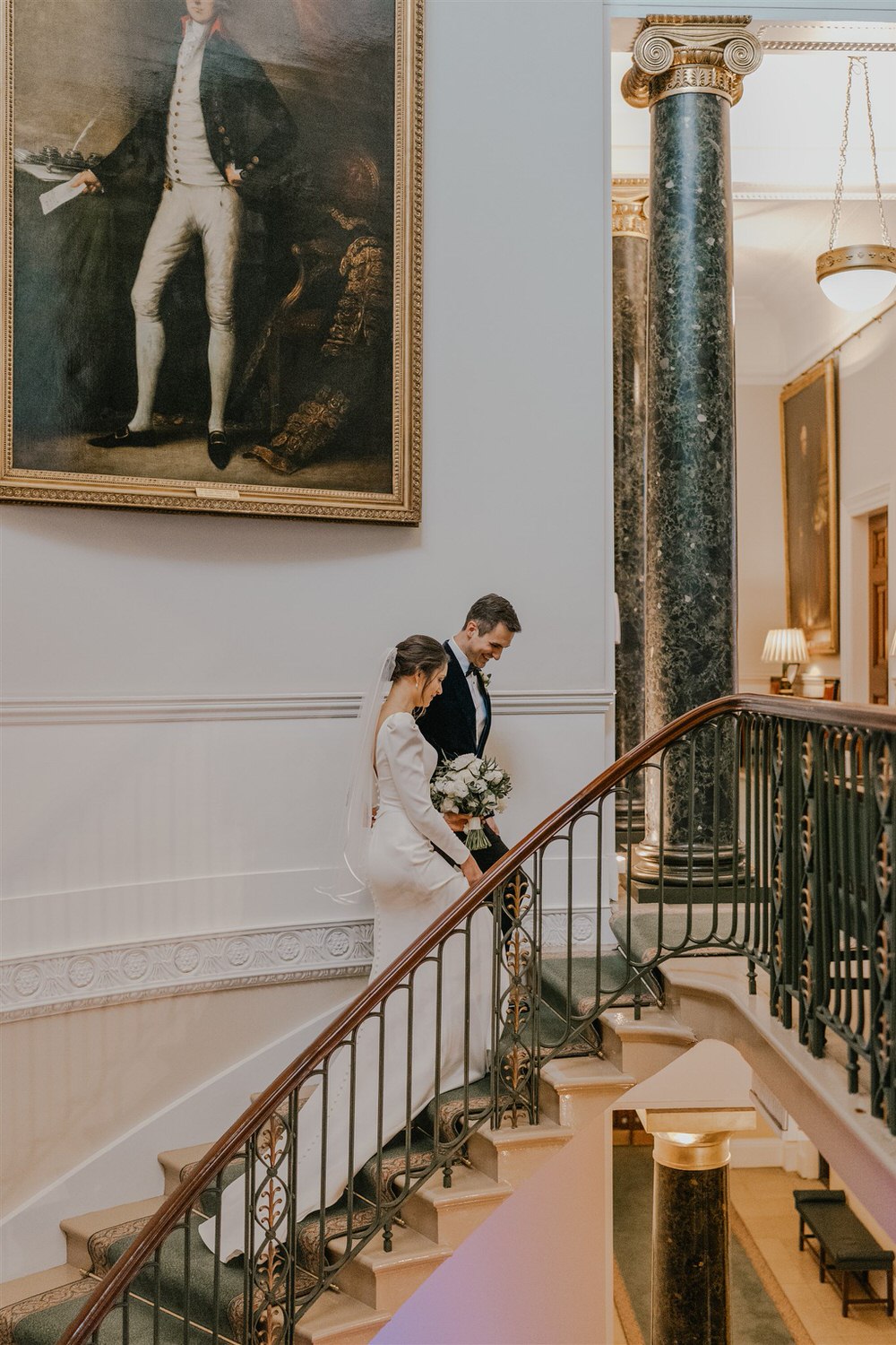 bride and groom couple portraits inside trinity house in london winter wedding